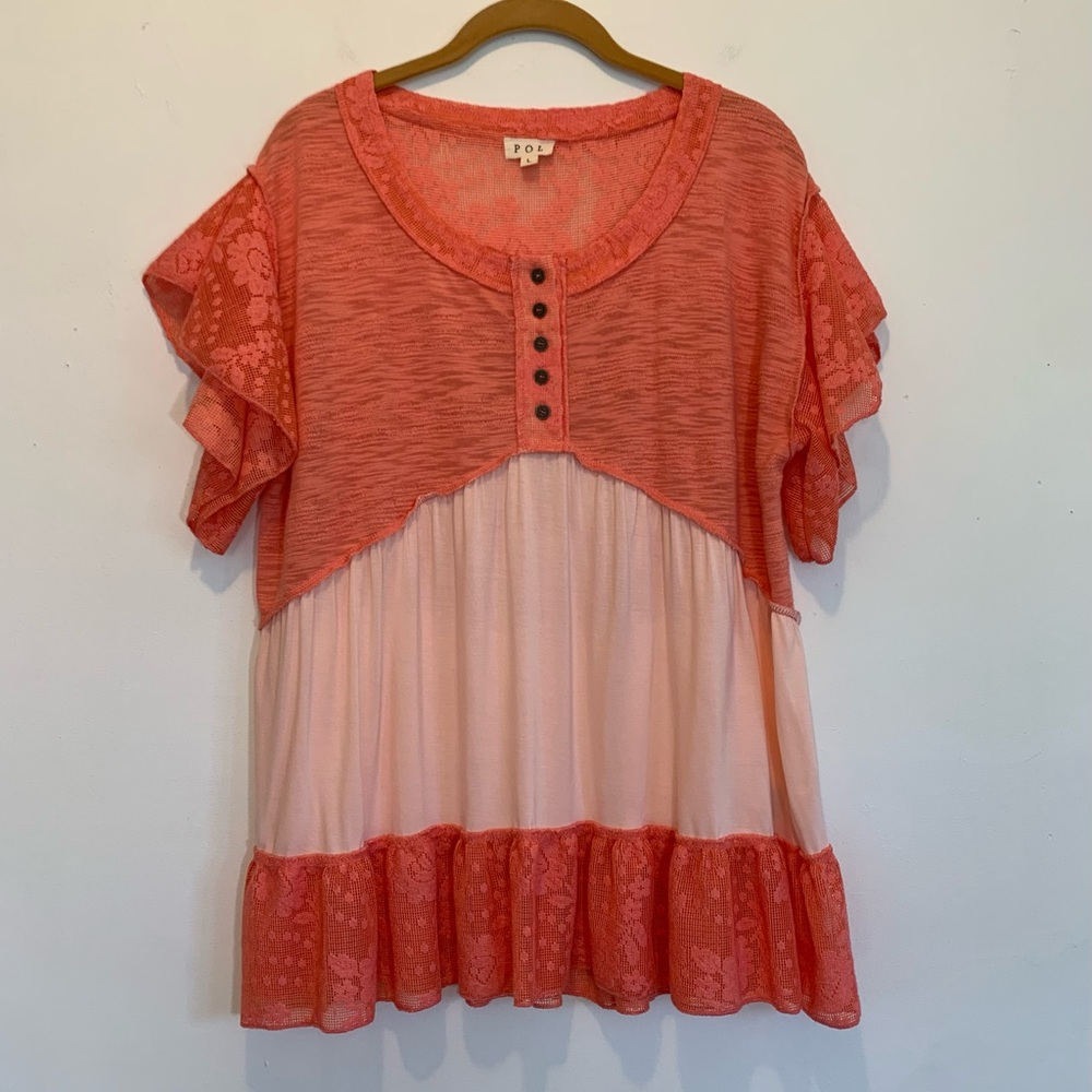 POL Lace Flutter Sleeve Tiered Babydoll Top Oversized Large Boho